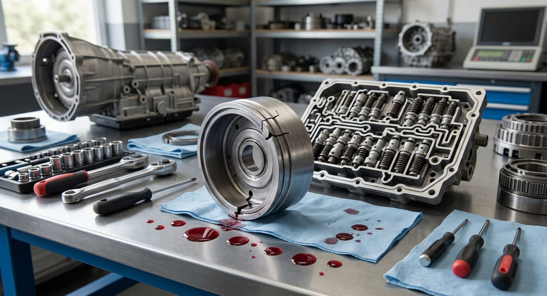 Disassembled ZF 5HP19 valve body and reverse clutch drum on workshop bench for repair