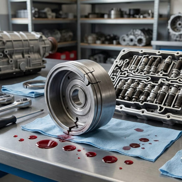 Disassembled ZF 5HP19 valve body and reverse clutch drum on workshop bench for repair