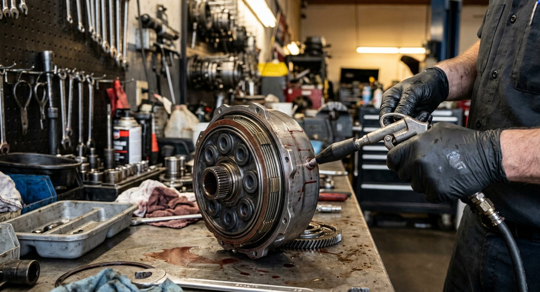 Wet air testing an automatic transmission clutch drum assembly on a workbench