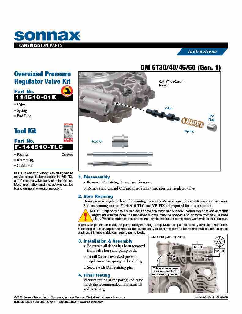 Sonnax Tool for 144510-01K Oversized Pressure Valve Gen 1 6T30 6T40 6T45 6T50