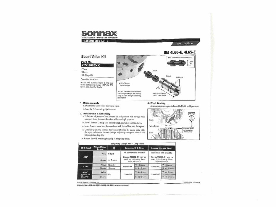 Boost Valve Kit Early style Sonnax .490in diameter increased ratio, O-ring style 4L60E 4L65E